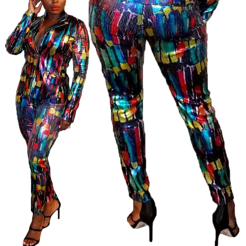 Красочный комплект из двух предметов с блестками и блестками, блейзер и брюки, сексуальные женские блестящие тонкие весенние модные женские туфли в африканском стиле, 210416
