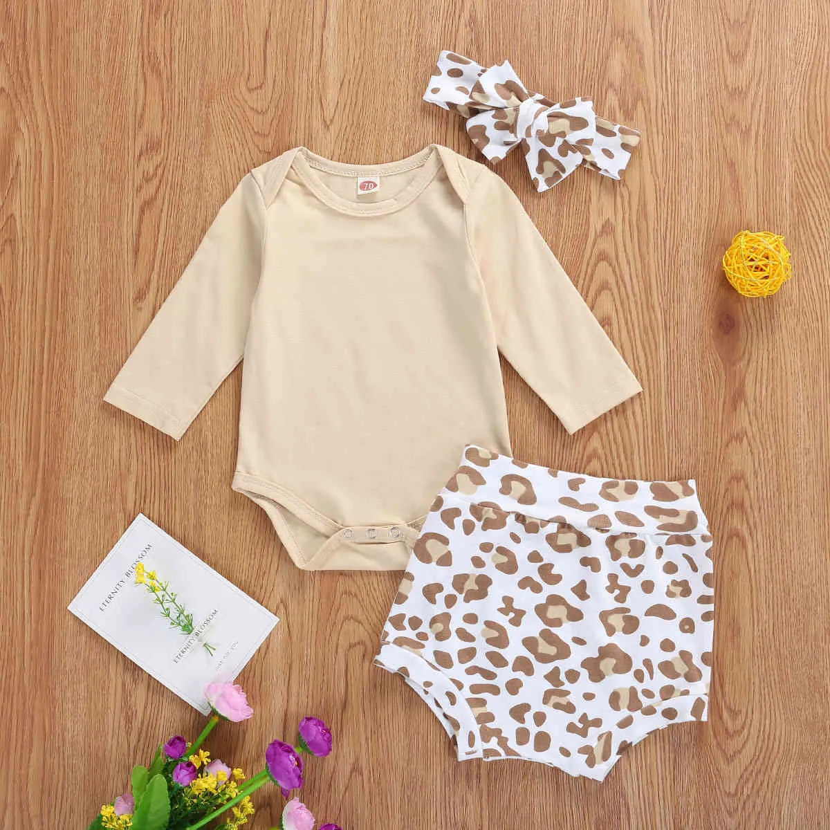 0-24m Född spädbarnsflickor Leopard Kläder Set Höst Långärmad Romper Shorts Headband Outfits 210515