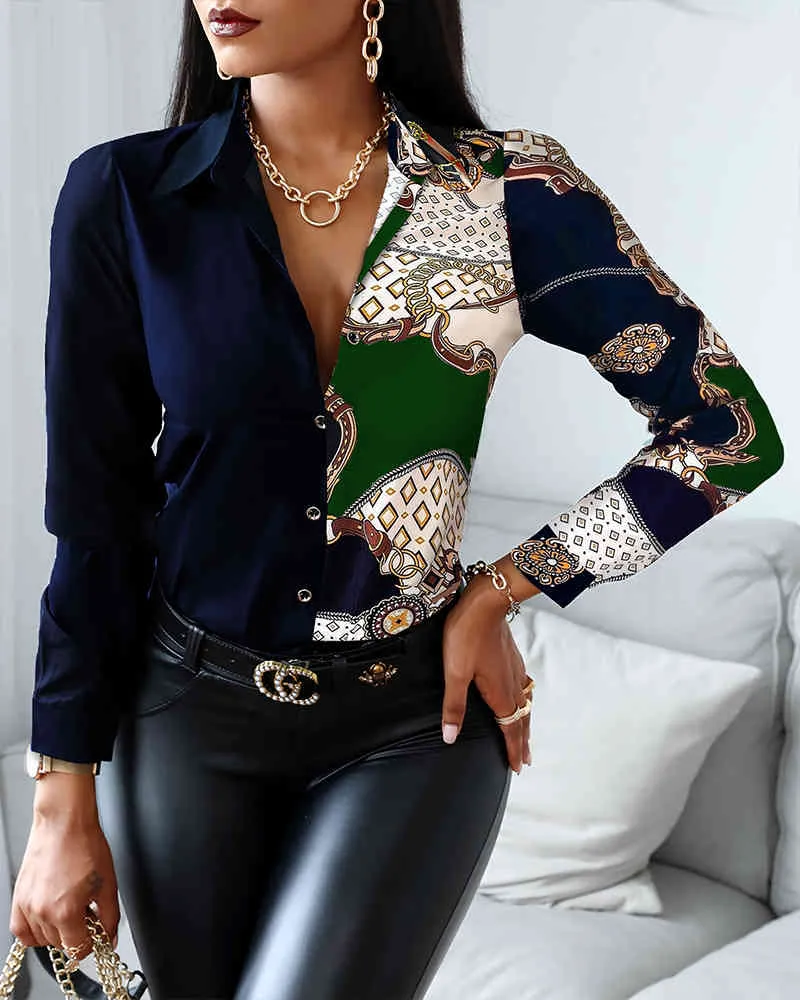 Primavera Autunno Donna Sciarpa Catena Stampa Camicia Femme Button Design Colorblock Colletto rovesciato Top Ladies Patchwork Abbigliamento 210415