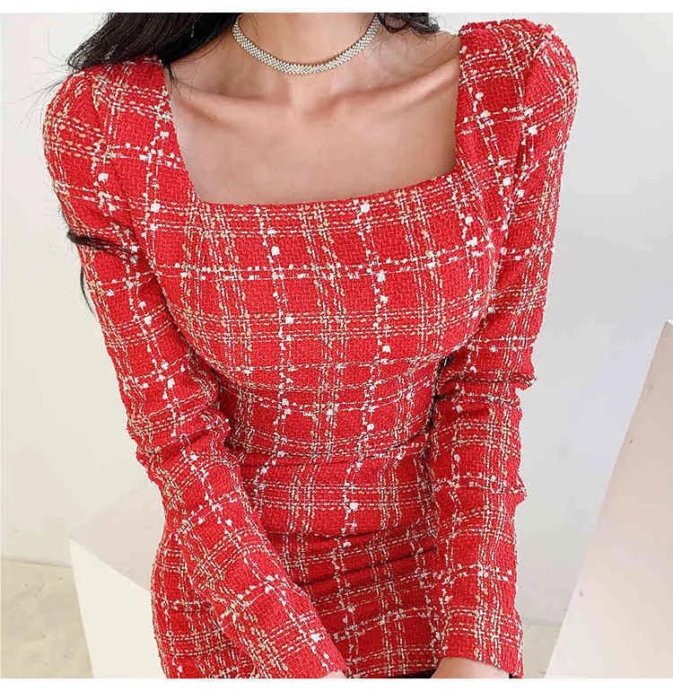 Spring Women's Slim Red Tweed Woolen Dresses Vintage Elegant Långärmad Paket Hip Vestido da Festa 210520