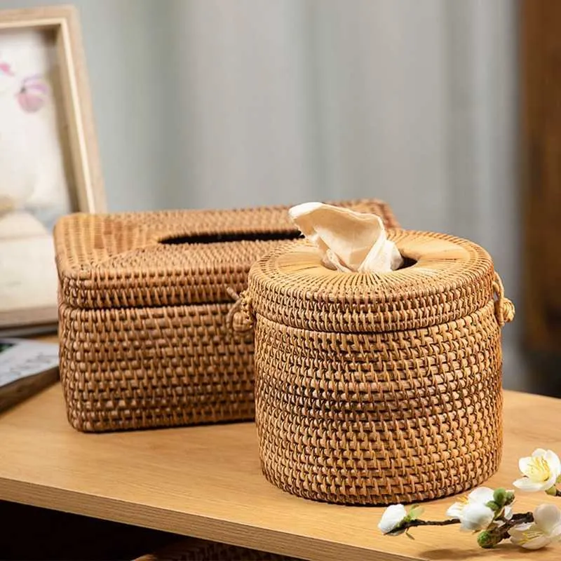 Round Rattan Tissue Box Vine Roll Holder Toilet Paper Cover Dispenser for Home Drop 210818