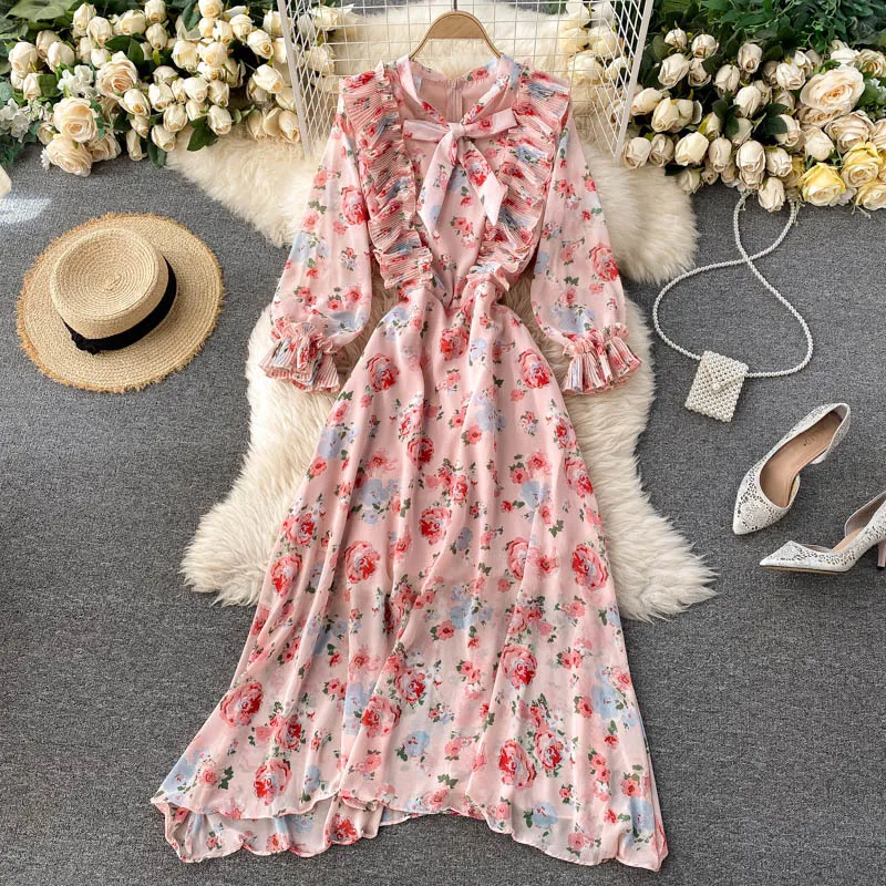 French Chiffon Floral Dress Women Bow Neck Puff Sleeve Ruffles A-line Dresses Autumn Bohemain Print Holiday Long Dress 210419