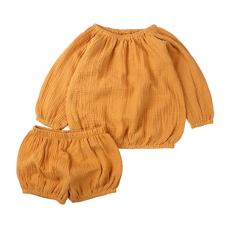 Newborn Baby Boys Girls Clothes Set Solid Color Cotton Linen Long Sleeve T-shirt + Shorts Pant Children Clothing Sets 0-4Y 210413