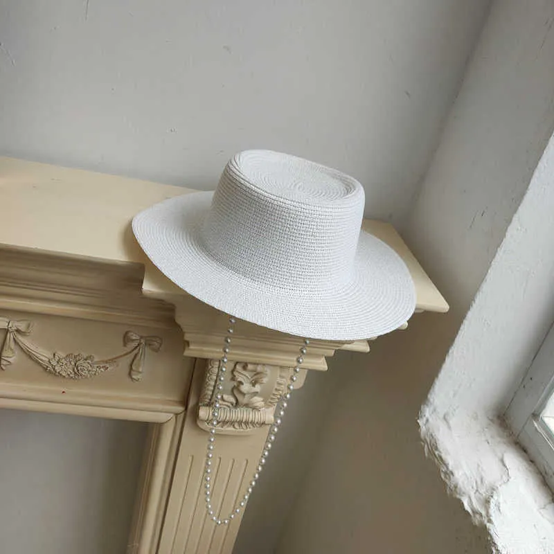 Français rétro Fragrance dames chaîne de perles white plate chapeau femmes 039 Visor de soleil d'été tissu paille Hat5235369