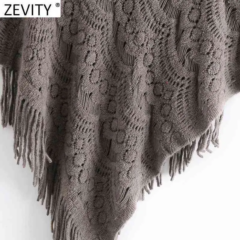 Kobiety Moda Szydełkowana Dzianina Jacquard Szal Sweter Kobiet Hem Tassel Dekoracja Pulowers Chic Hollow Cloak Tops S530 210420