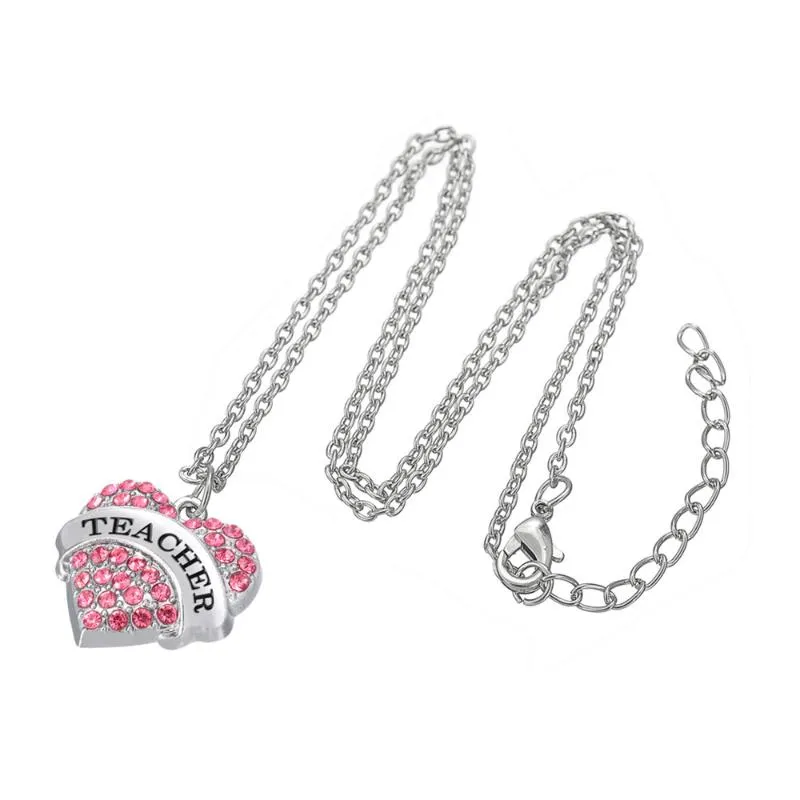 Teamer Helderblauw Roze Kristallen Hart Gegraveerde Leraar Hanger Ketting Met Link Chain Mode-sieraden Voor Lerarendag Gift2342