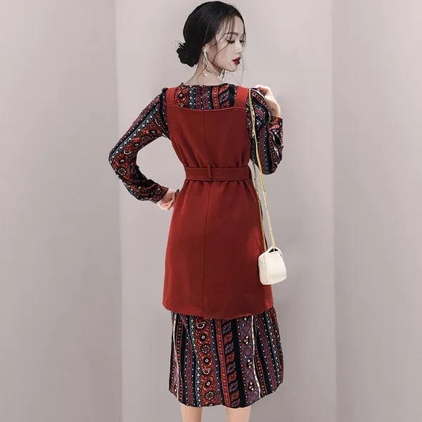 Retro Fashion Ethnic Drukuj Szyfonowa Długie Rękaw Dress Casual Midi Sukienka + Podwójna Kamizelka Breasted Dwuczęściowe Zestaw Kobiety Suit 210518