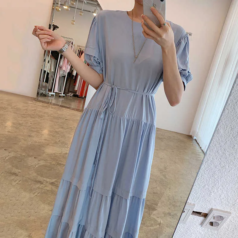 Korejpaa Kobiety Sukienka Korea Chic Lato Delikatne Niebieska O-Neck Lace-Up Waist Fold Warstwa Bubble Rękaw Długie Vestido 210526