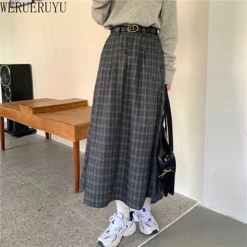 WERUERUYU Vintage England Style Long Plaid Skirt Women Autumn Winter Elegant A-Line Wide-Swing High Waisted Skirts Women 210608