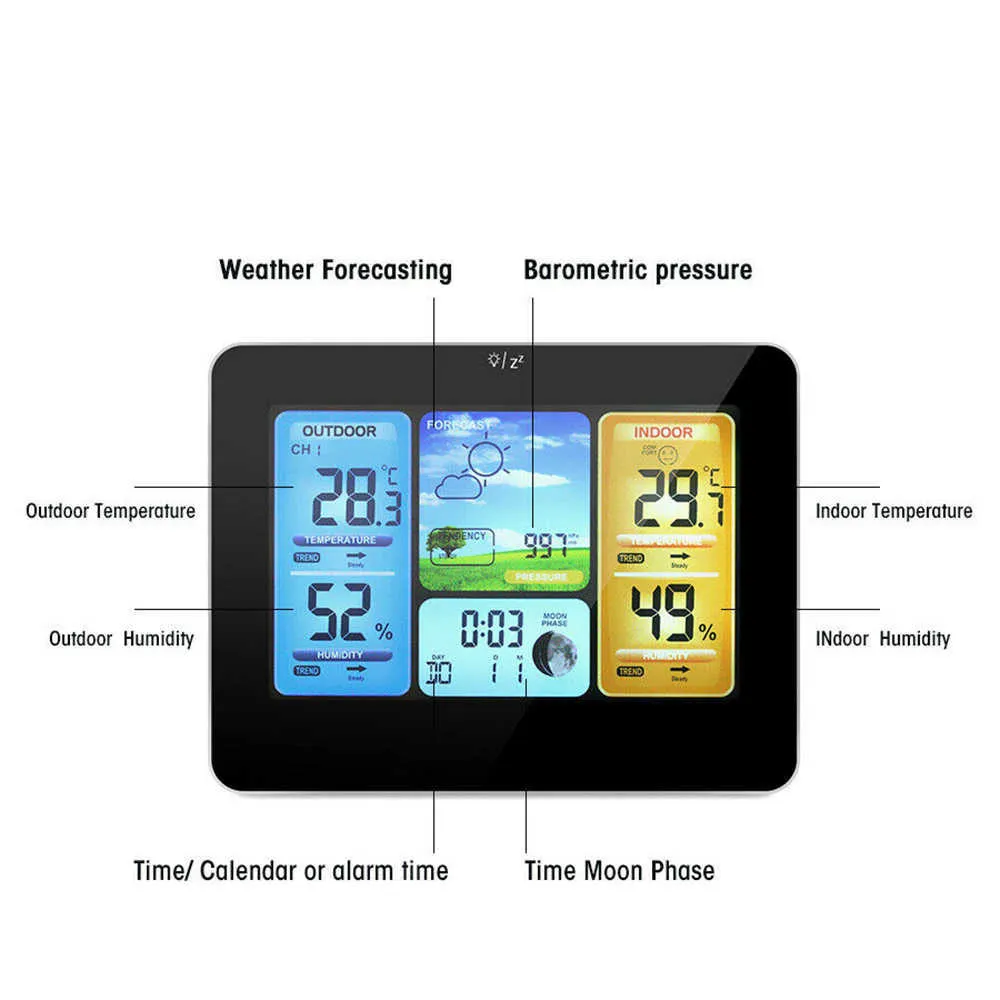 Digital LCD Hygrometer Thermometer drahtloser Sensorwetter Vorhersage Innenstation Außenstation Takt LED Alarm 210804