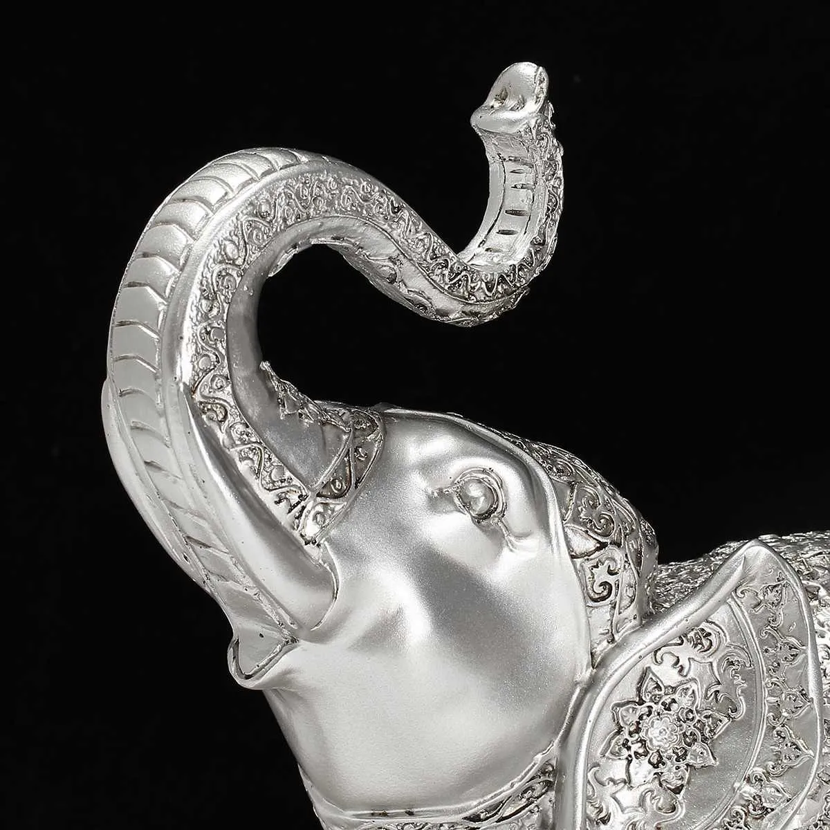 Mode 2st / set silver polyresin utsmyckad elefant staty lyckliga figurer skulpturer ornament för hem kontor dekor hantverk gåva 210414