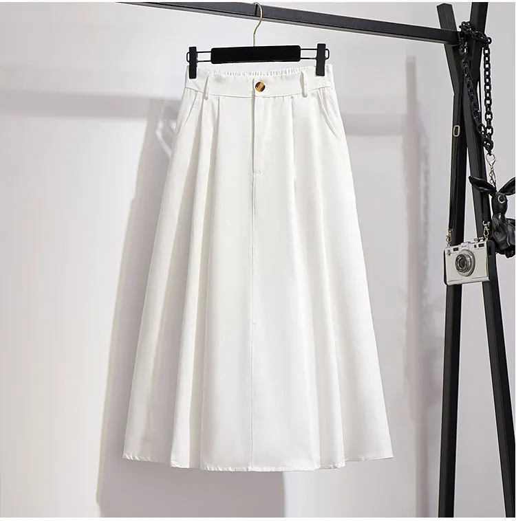 Kvinnor sommar långa kjolar hög midja elastisk bomull pläterad kvinnlig jupes lösa faldas saia plissada solid boho 210430