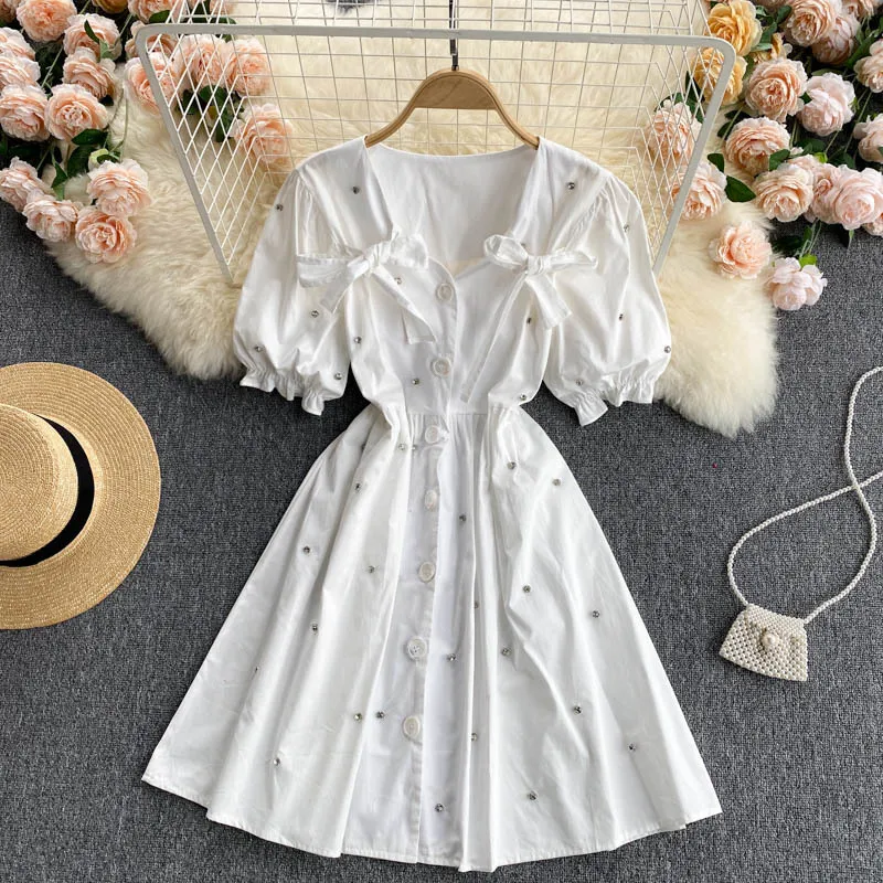 SINGREINY French Sweet Diamond Dress Women Puff Sleeve V Neck Single Breasted Office Dresses Summer Casual A-line Short Dress 210419