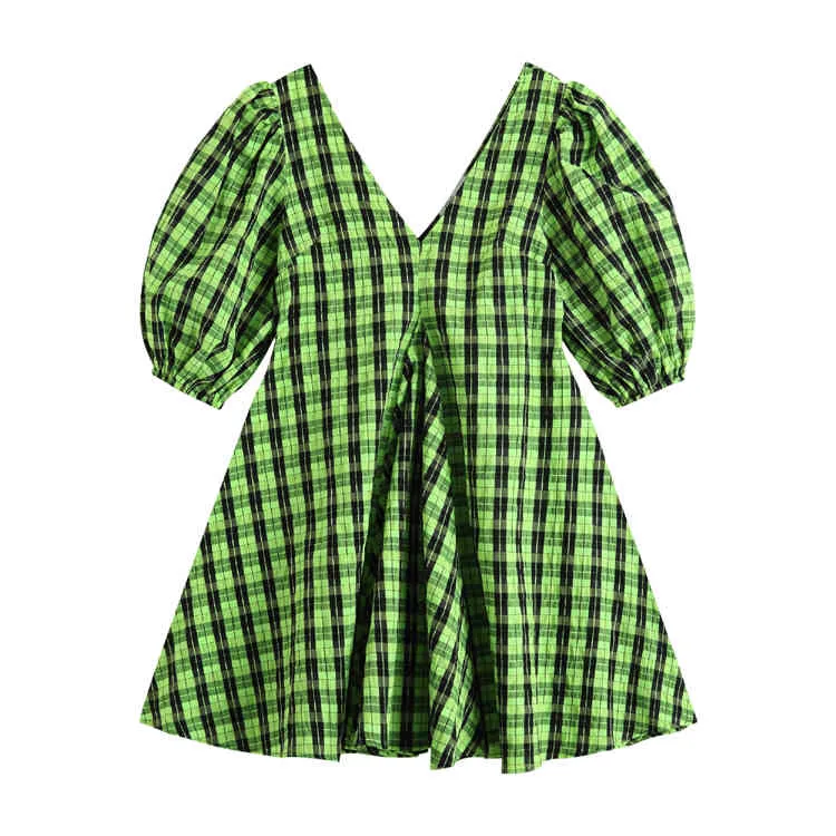 Elegante groene plaid partij vrouwen slanke v-hals lantaarn mouw werk casual jurk vrouwelijke zomer straat stijl jurken vestido 210514