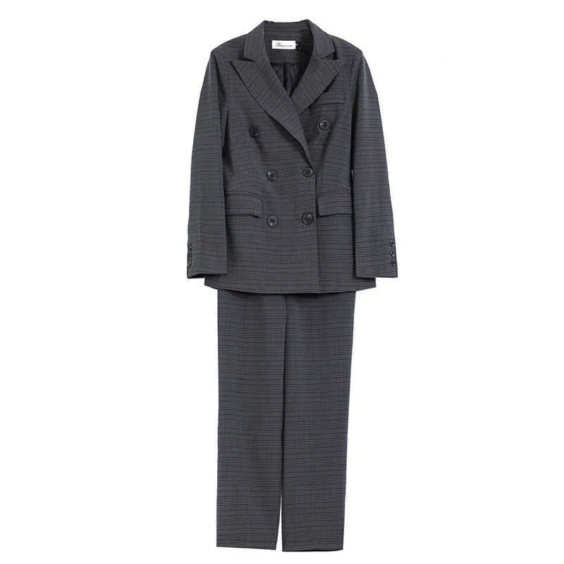 Pantalon de costume pour femmes professionnelles de haute qualité automne double boutonnage slim check femme bureau deux pièces 210527