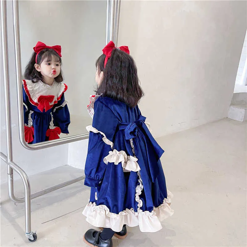 Wholesale Spring Girls Party Dresses Long Puff Sleeves Lolita Style Red Bow Velvet Princess Girl Clothes E8055 210610