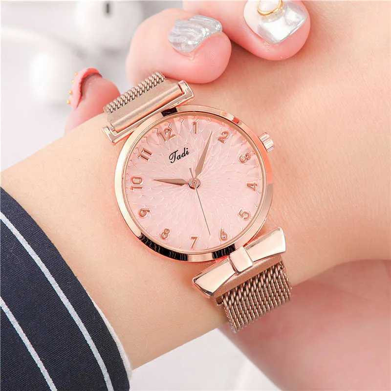 Luxe femmes montres 6 pièces ensemble élégant femme bracelets magnétique maille bande rose femme montre bracelet montre femme reloj mujer