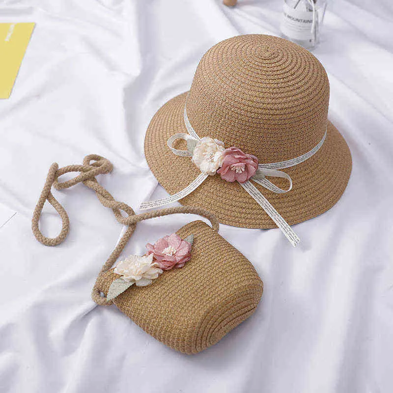 Nya barns halmhatt Lady Small Shoulder Bag Two-Piece Girl Baby Big Brim Flower Bucket Cap G220301