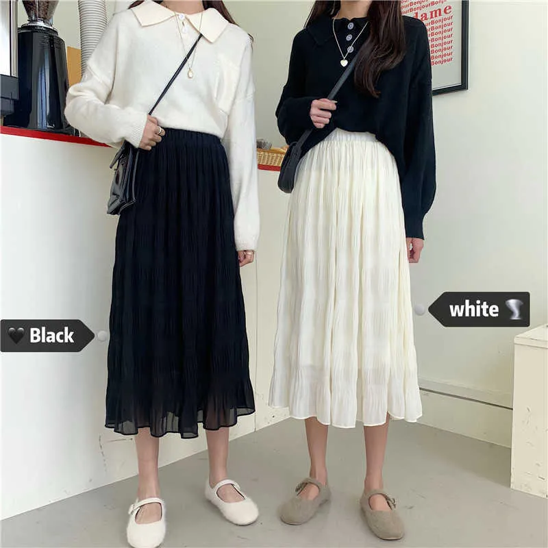 Skirts Women Slim A Line High Waist Pleated Black Chiffon Skirt Spring Mid Length Elegant Temperament Faldas Mujer Korean 210610
