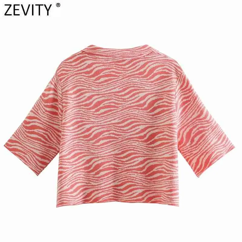 Kobiety Zwierząt Paski Drukuj Krótki Koszula Jacquard Office Lady Kieszeń Breasted Bluzka Chic Lato Retro Crop Tops LS9308 210420