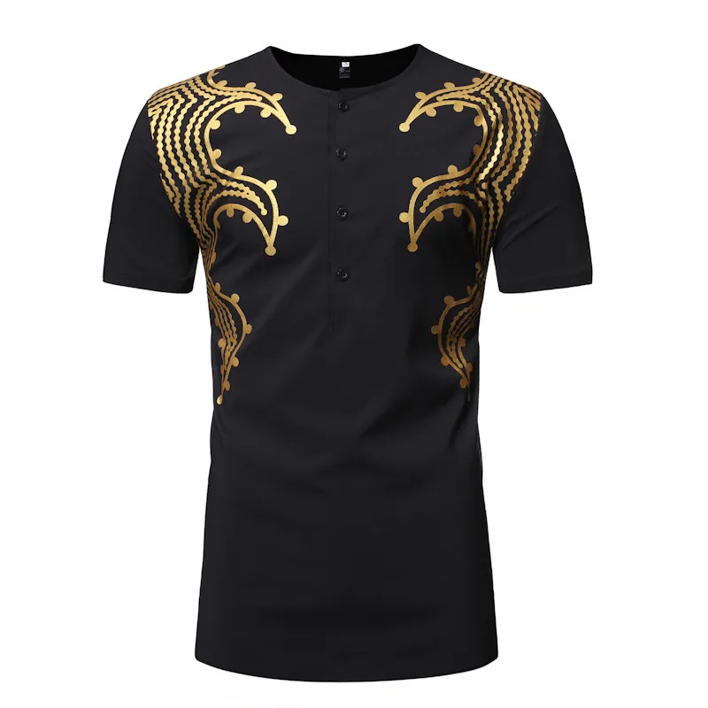 Luksusowy Metalowy Afryki Kwiatowy Drukowane Męskie Krótki Rękaw Tshirt Gold Dashiki Koszulki dla mężczyzn Casual Plus Size Mens Odzież 210524