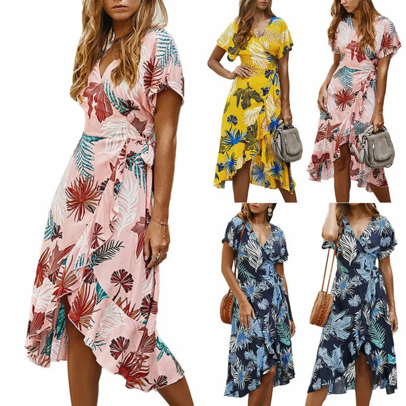 Beach Maxi Robe Femmes Floral Split Ruffle Sundress Vol V Robe à col vesse Femmes manches courtes Casual Holiday Robe Midi Vêtements X0521