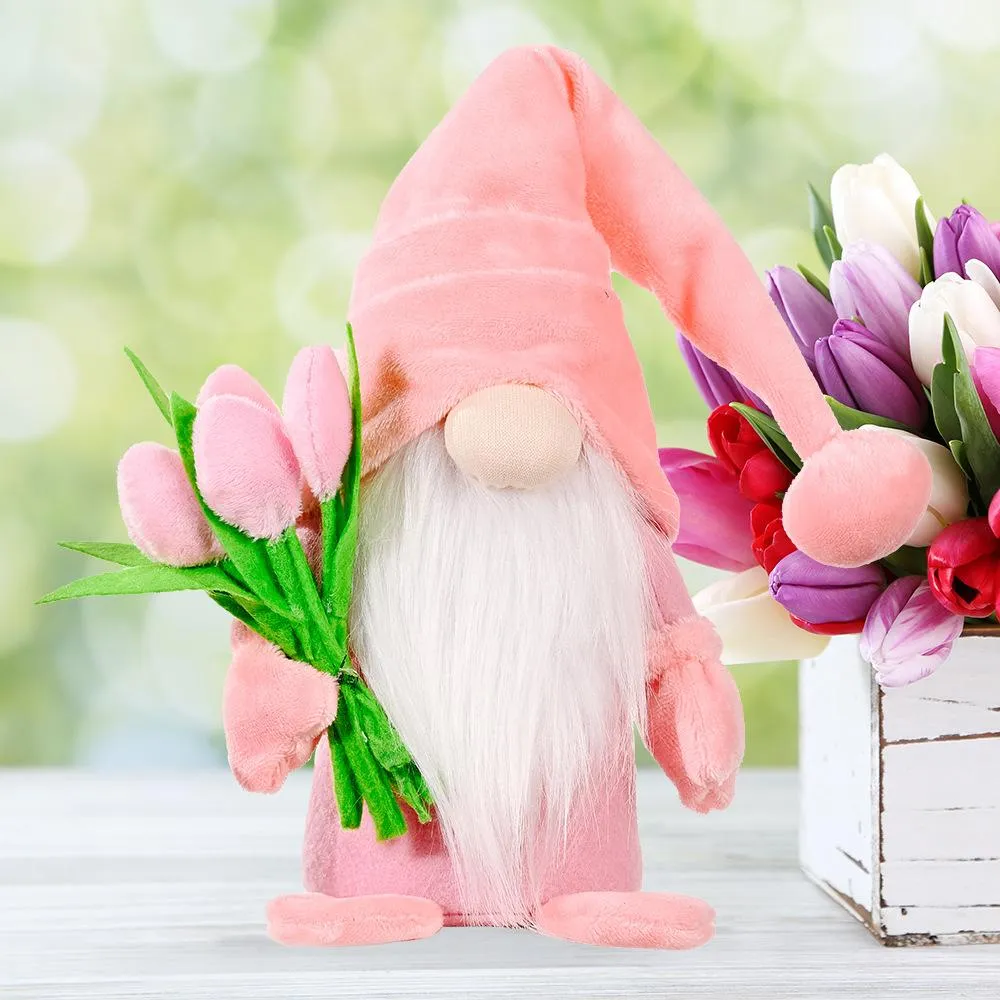 Faceless Dwarf Doll Ornament Holding Tulip Gnome Cute Desktop Decoration Happy Mother Day Home Party Decor Toys Standing Post