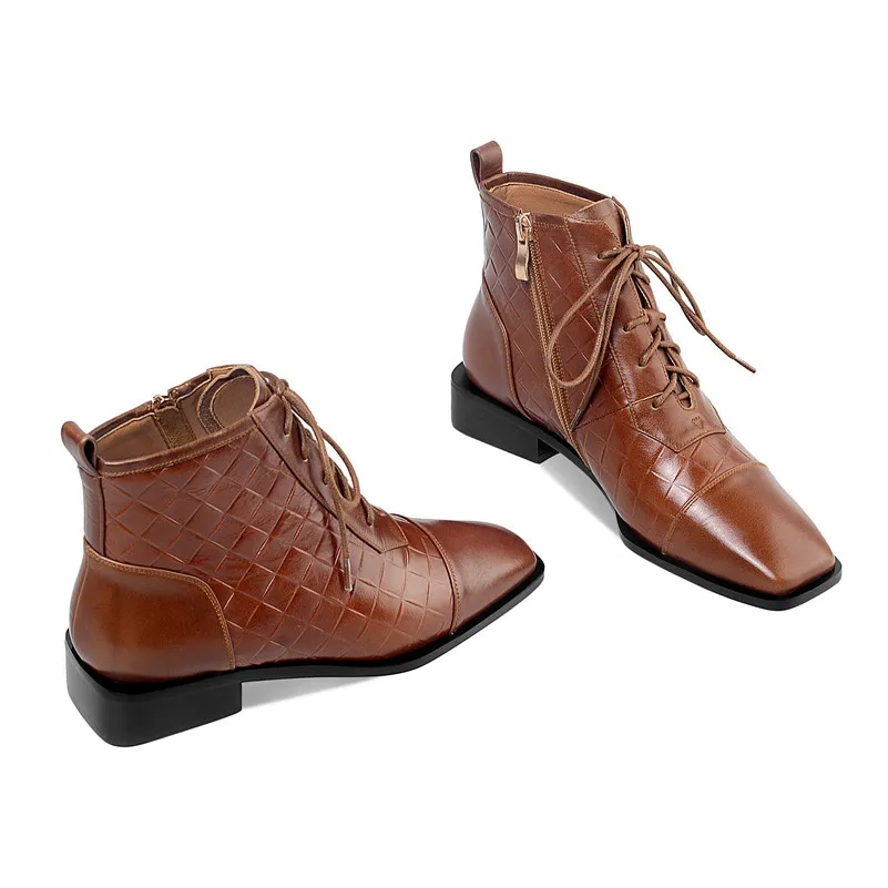 Bottines en cuir véritable à talon moyen pour femmes, chaussures à bout carré, talons épais, fermeture éclair croisée, courte dames, automne hiver 210517