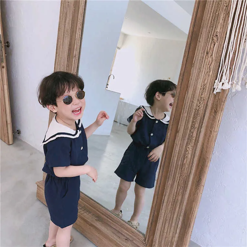 Летний корейский стиль детей моряк воротник хлопчатобумажные льняные комплекты одежды милые мальчики девушки с коротким рукавом футболка + шорты 2 шт. Костюмы G003 210615
