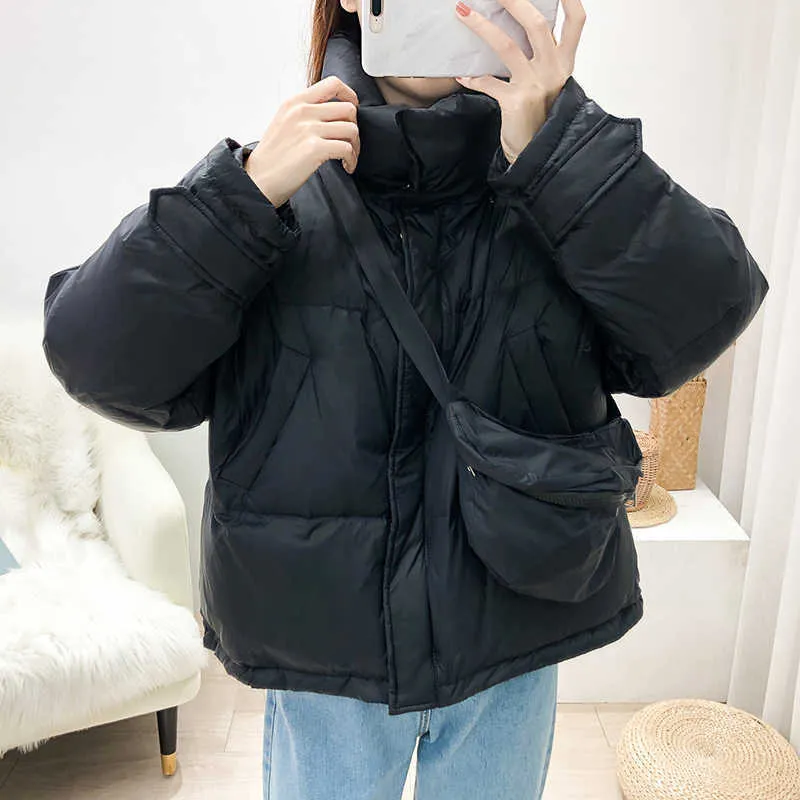 Winter White Duck Down Jacket Women Loose Warm Short Puffer Jackets Woman Stand Collar Bubble Coat Outwear 210525