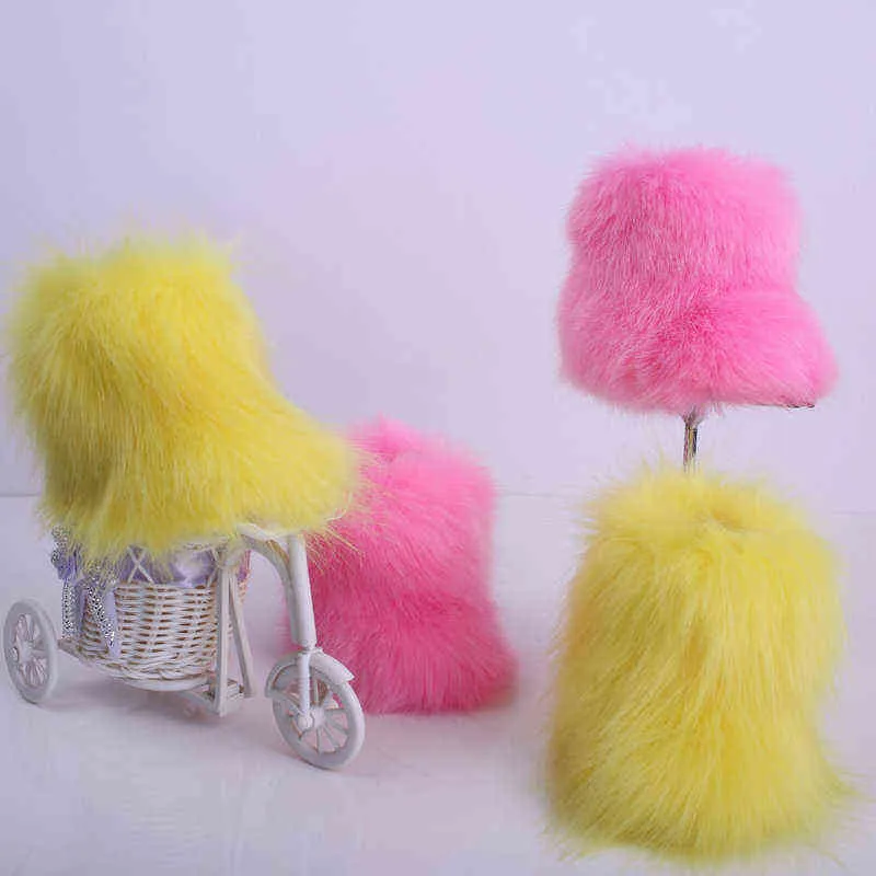 Winter Children Snow Boots Fashion Model Baby Girls Faux Fur Furry Princess Boot Plush Warm Kids Shoes Candy Colors 211227