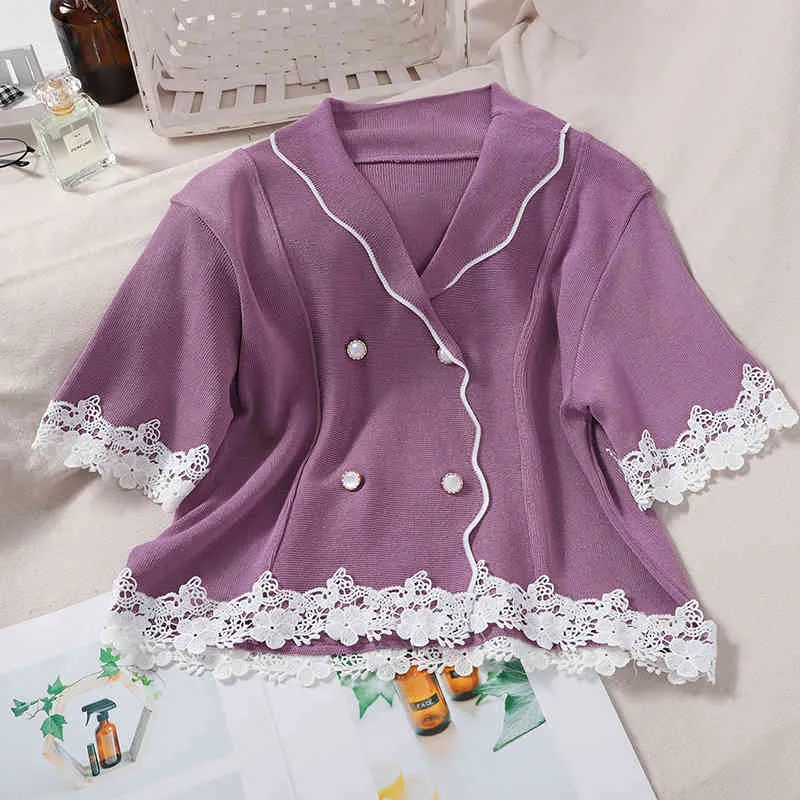 Korobov Fashion Age-reducing Sweet Contrast Color Wave Doll Lapel Wild Knit Sweater Female Stitching Lace Short Sleeve Cardigan 210430