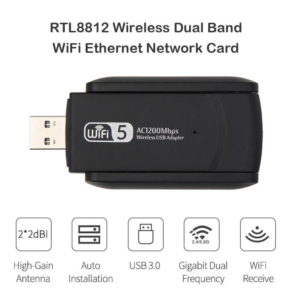 RTL8812 Trådlöst dubbelt band 2.4G 5.8G WiFi Ethernet Adapter 1200 Mbps nätverkskort med dubbel antenn USB3.0 -mottagare för PC