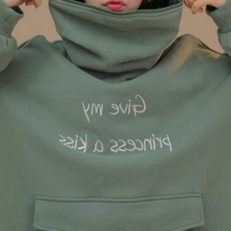 Omsj adorável sapo moletom hoodies outono mulheres letra cópia design manga comprida zip bolsos frontais bonitos pullover tops 210517