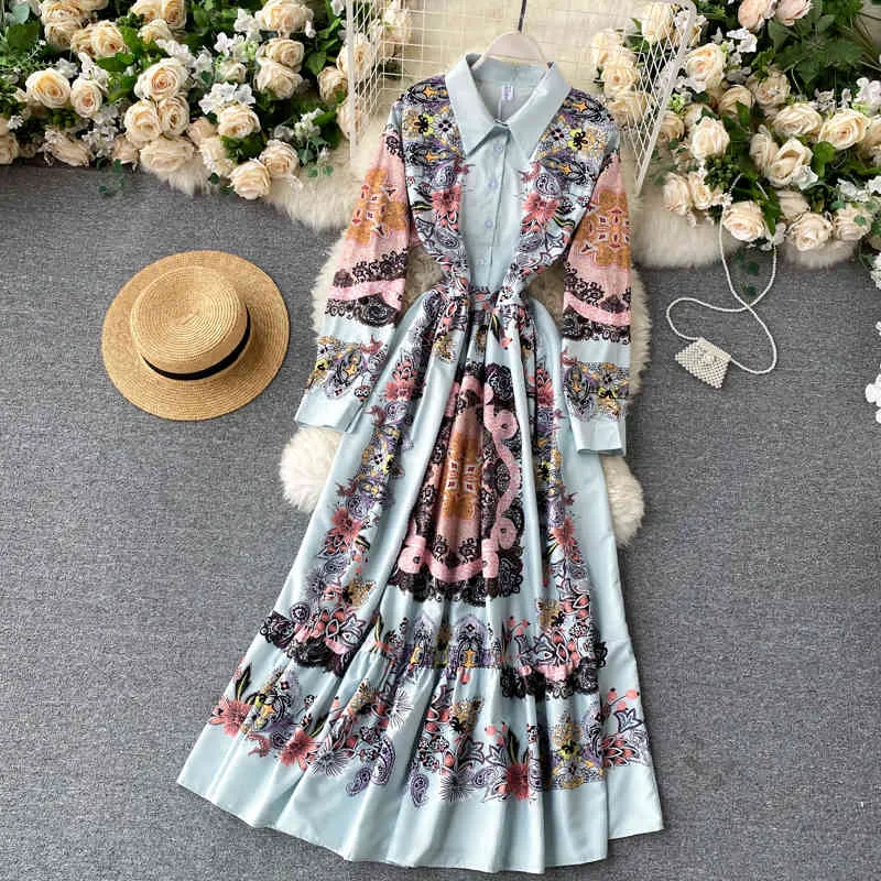 Femmes Bohemian Print Robe Automne Turn-Down Collier Puff Manches Une ligne Maxi Robe Casual Robe de vacances Palace Style 210419