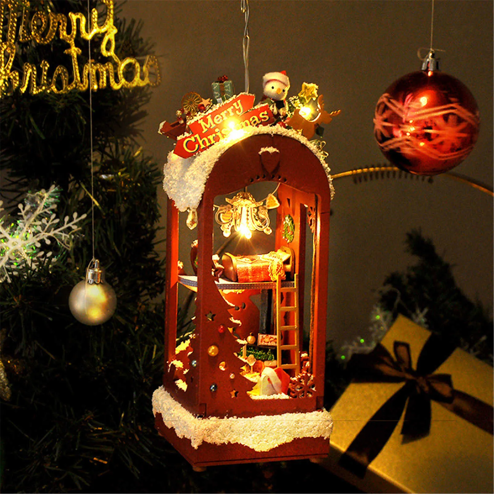 クリスマスキャビンコテージドールハウスミニチュアDIYハウス雪とアイスコレクティブルビルまたは家の装飾H1020