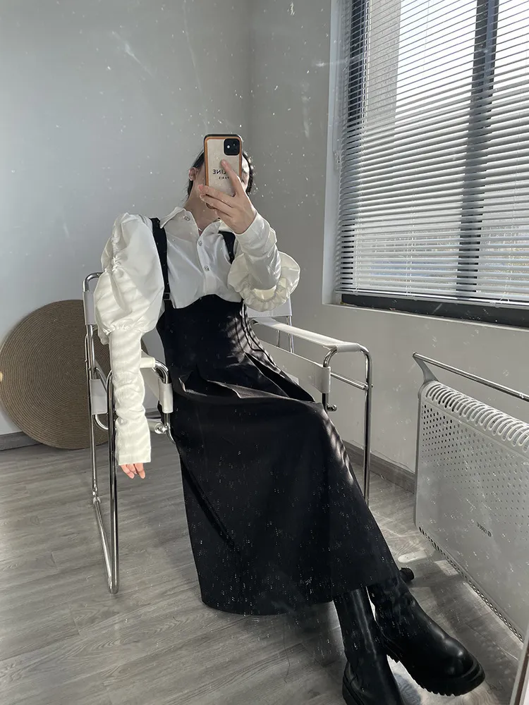 DEAT Set Spring Fashion Women Clothes Lantern Sleeves White Cotton Shirt Turn-down Collar Single Breasted And Black Skirt 210428