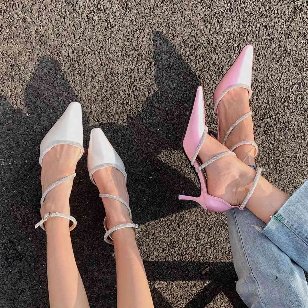 Femmes élégantes sandales rose chaussures bride à la cheville mince talons hauts chaussures habillées fête d'été pompes tache haute qualité pompes 210513
