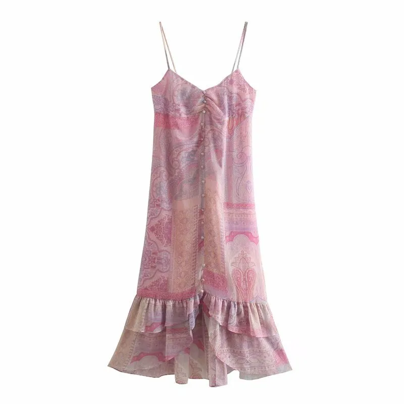 ピンクのペイズリープリントスリップフリルMidiドレス女性夏のヴィンテージ薄いストラップ背景のないパーティー女性弾性vestidos 210430