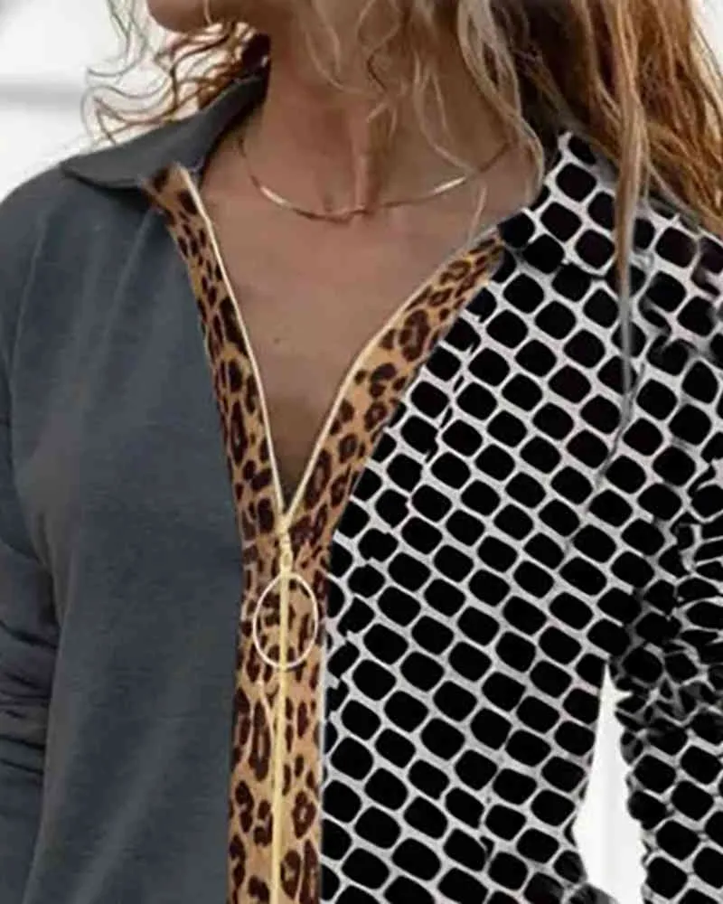 Frühling Elegante Frauen Langarm Gepard Druck Colorblock Zip Top Bluse Arbeit Outfits Femme Abstrakte Druck Mode Kleidung 210415