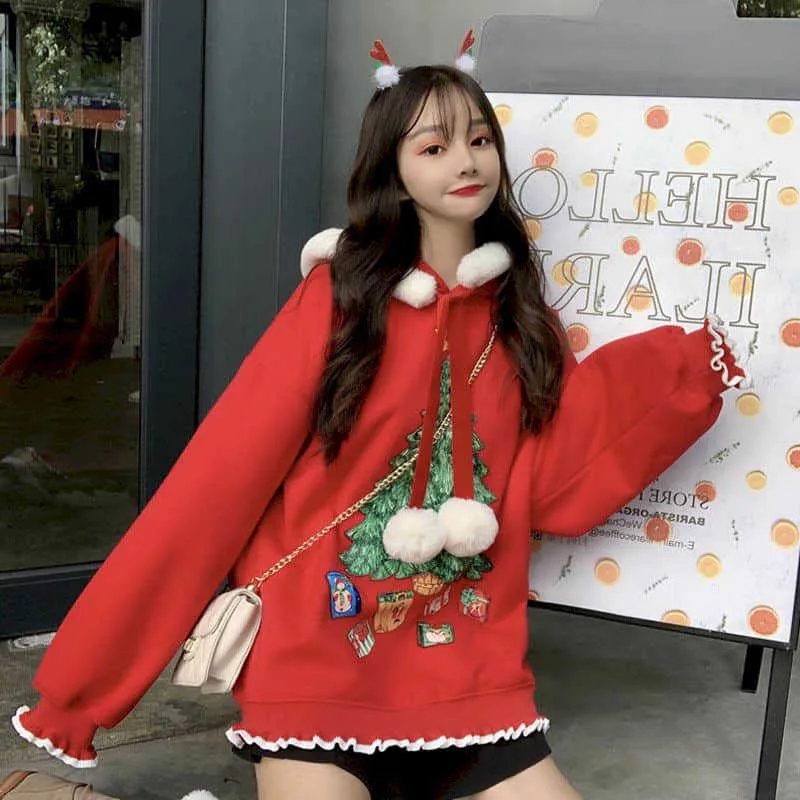 Noel Hoodies Kadınlar Ceket Tops Sonbahar Ve Kış Kapüşonlu Kırmızı Kazak Yıl Giyim Kadın Artı Kadife Kalınlaşma 210526