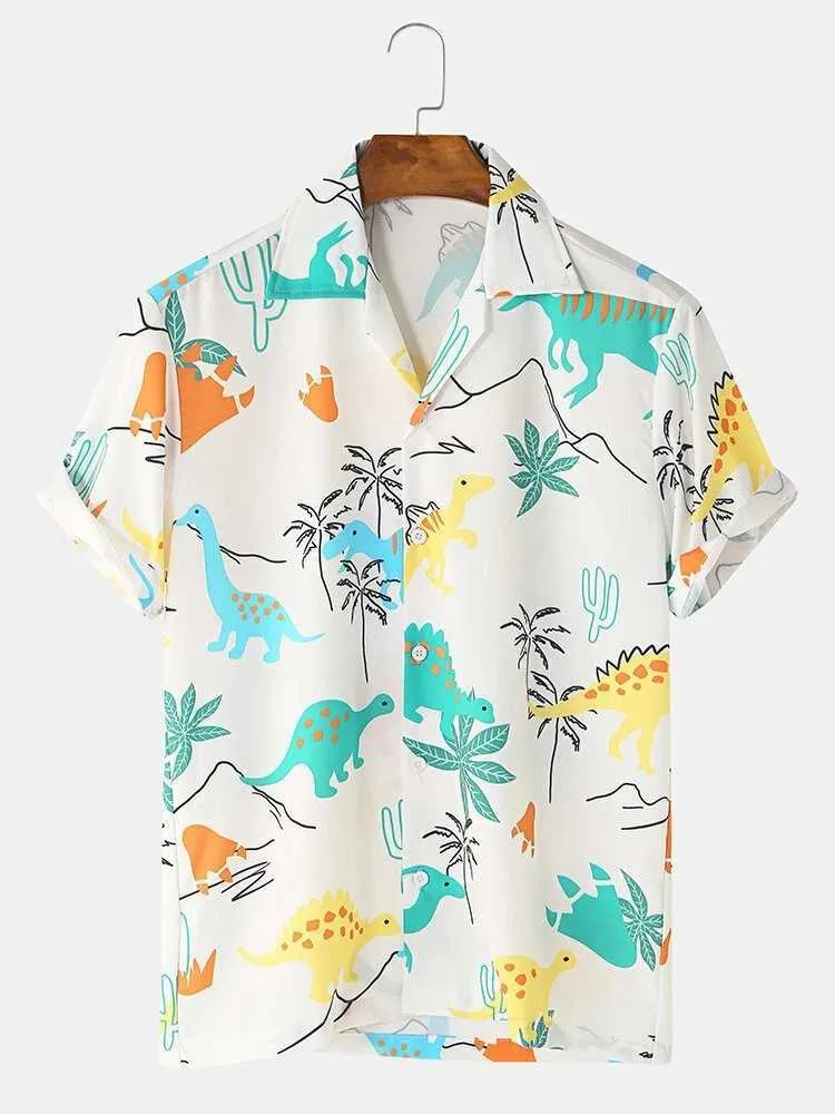 Mode hawaiian skjorta mens rolig stil dinosaur tecknad tryckt kort ärm rosa tröjor män koreanska kläder gratis 210626