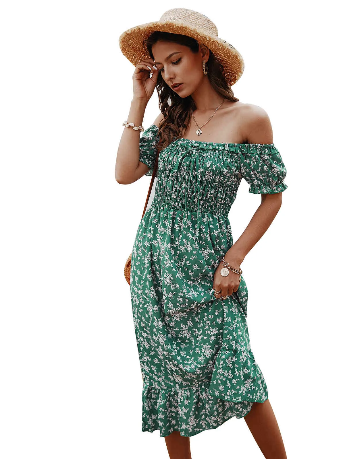 Robe Boho imprimé floral sexy sans bretelles Slash cou à manches courtes femmes robes robes de plage d'épaule d'été robe midi Mujer 210507