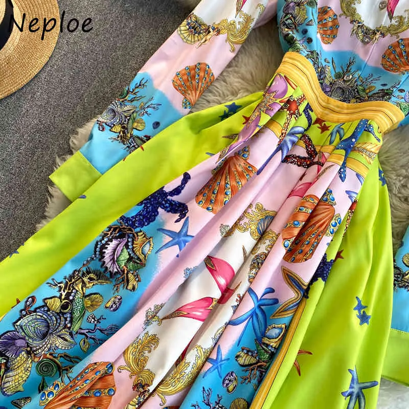 Neploe Vintage Print Bohemian Urlaub Kleid Frauen Hohe Taille Hüfte A-linie Vestidos Drehen Unten Kragen Langarm A-linie schlanke Robe 210423