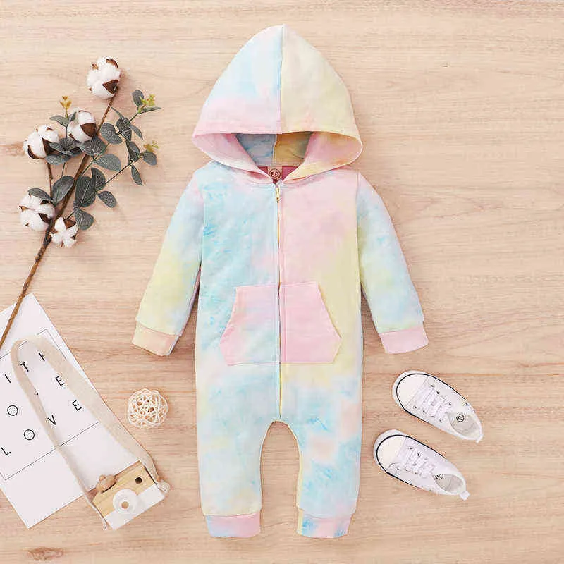 2020 0-18M Infant Baby Boy Girl Tie-Dye Printed Romper Long Sleeve Zipper Hoodies Jumpsuit Autumn Warm Romper Outfit G1221