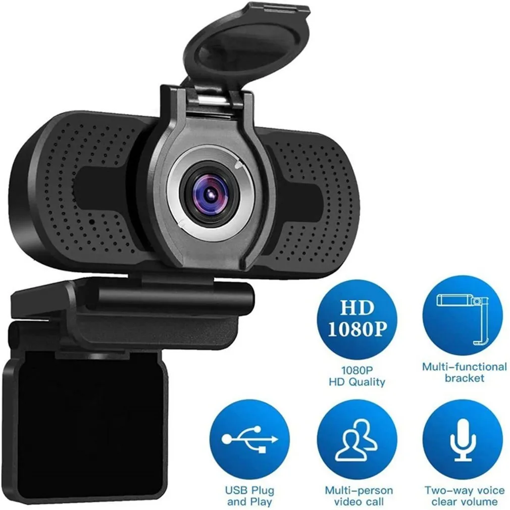 Câmera de computador 1080p Live Video Webcam com tampa ABS Bujão de lente óptica e jogar Microfone de redução de ruído digital completo