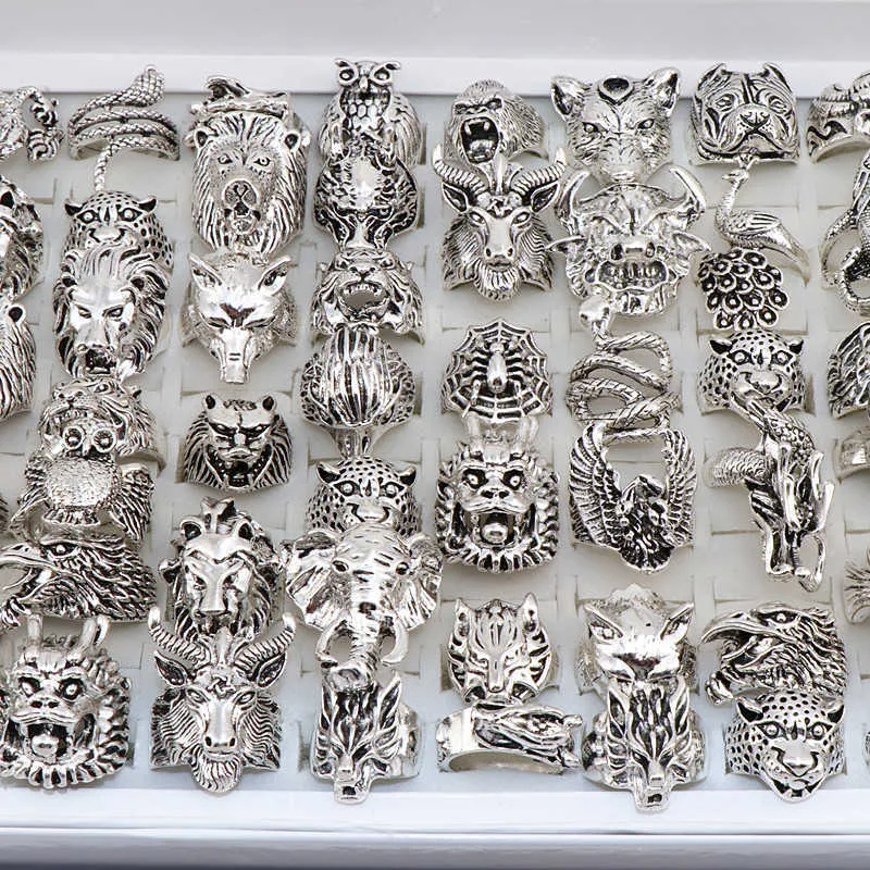 Todo 20 peças lotes mix cobra coruja dragão lobo elefante tigre etc estilo animal antigo vintage jóias anéis para homens mulheres 210623200m