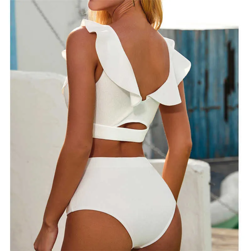 GNIM Ruffle Bikini Swimwear Women With Belt Summer Solid Swimming Suit For High Waist Brazilian Swimsuit Two Pieces 210621