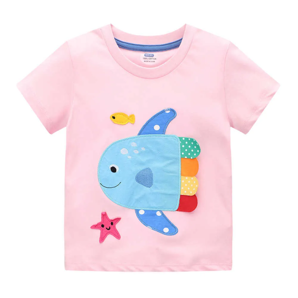 Jumping Meters, camisetas de verano para niñas con apliques de peces, bordado de animales bonitos, venta de ropa de algodón para bebés, Tops de moda 210529