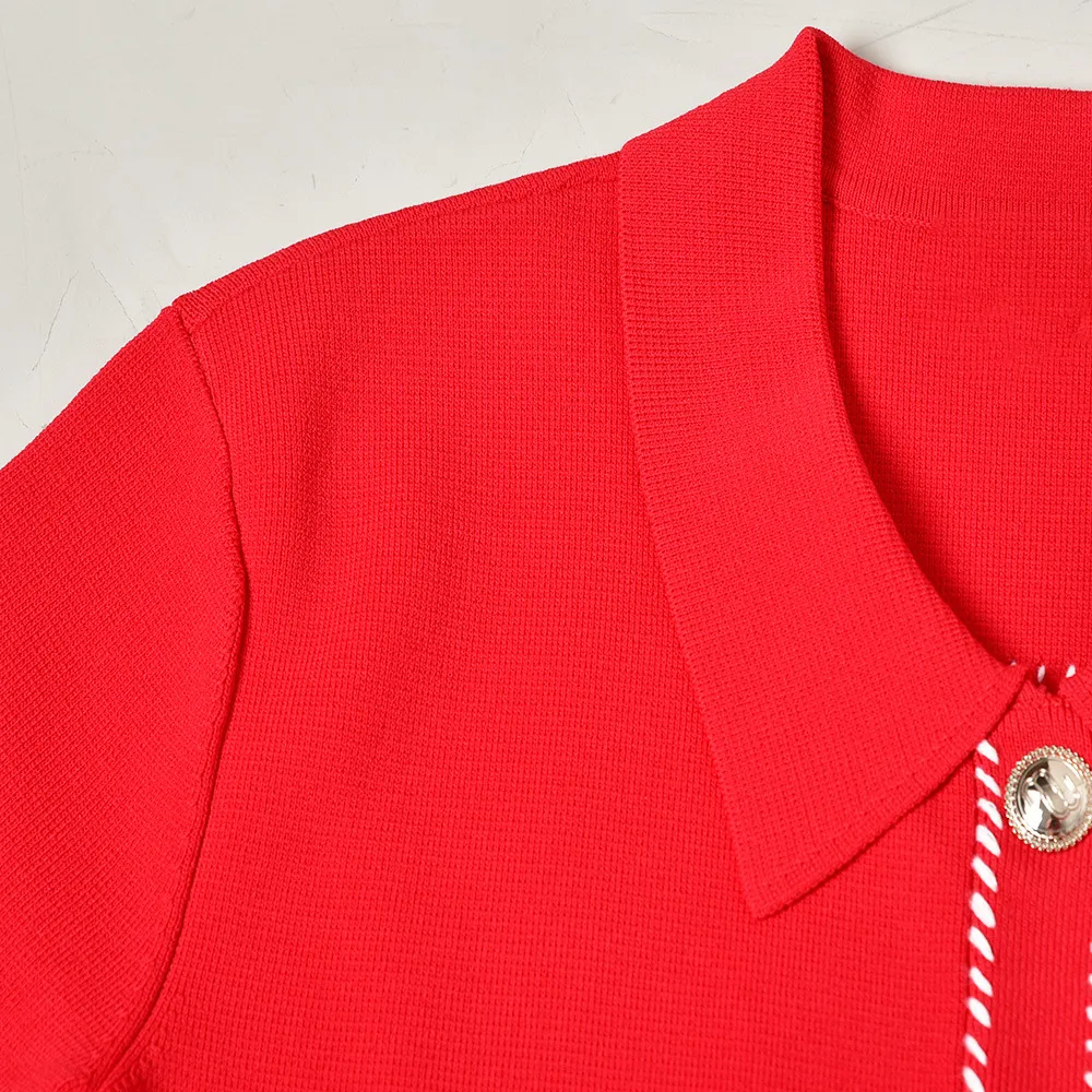 2021 Automne Automne Manches courtes Col à revers Robe rouge Couleur unie Poches tricotées Boutons à panneaux Simple boutonnage Femmes Robes de mode G121017